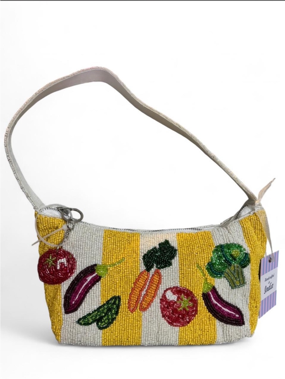 Made in India Beaded Vegetable Yellow and White Stripe Shoulder Bag